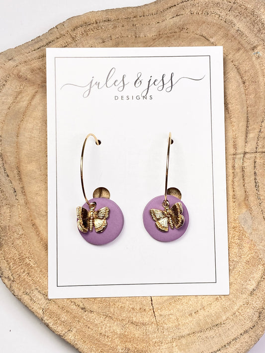 Purple and gold butterfly hoops